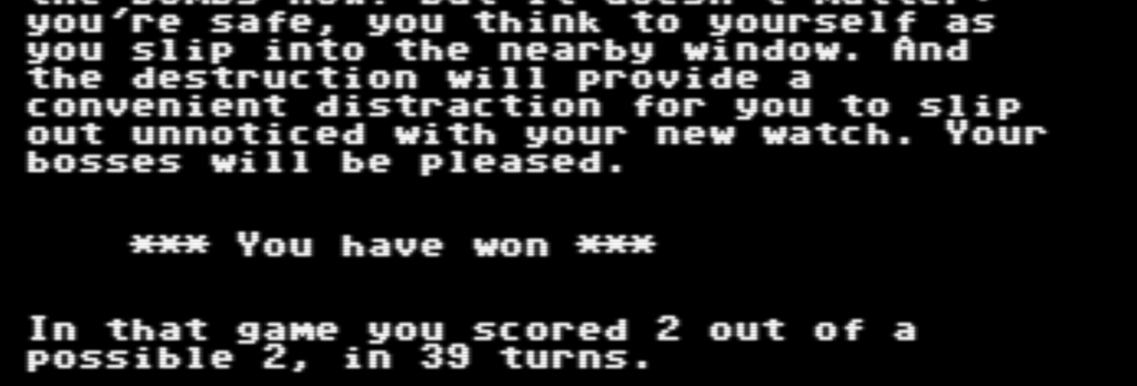 The end screen of the text adventure 2604, showing I completed it in 39 moves and scored the maximum of 2 points.